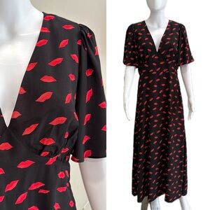 NWT A New Day Flutter Sleeve Lips Print Maxi Dress Size 10 Black Empire Waist